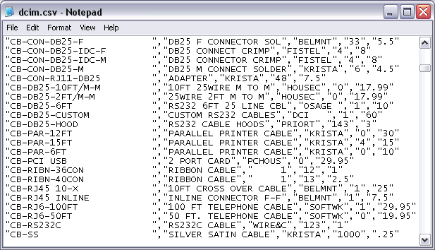 This is a sample of the Datafile Export Utility's output viewed in Notepad